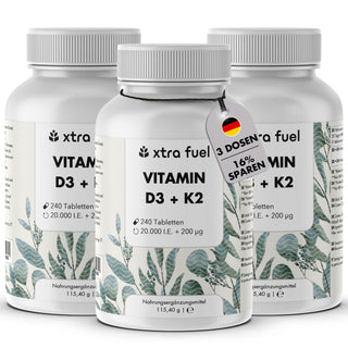 Vitamin D3 + K2 Tabletten - 20.000 I.E. + 200mcg - 100% rein & hochdosiert