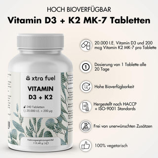Vitamin D3 + K2 Tabletten - 20.000 I.E. + 200mcg - 100% rein & hochdosiert