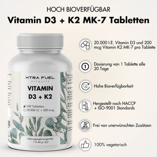 Vitamin D3/K2 Tabletten MK7 all-trans - 20.000 I.E. + 200 μg - 240 Tabletten pro Dose