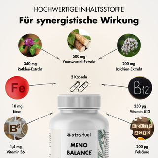 Wechseljahre Kapseln - Meno Balance - Natürliche Formel mit Yams, Rotklee, Baldrian & Eisen