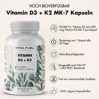 Vitamin D3 + K2 Kapseln - 20.000 I.E. + 200mcg - 100% rein & hochdosiert