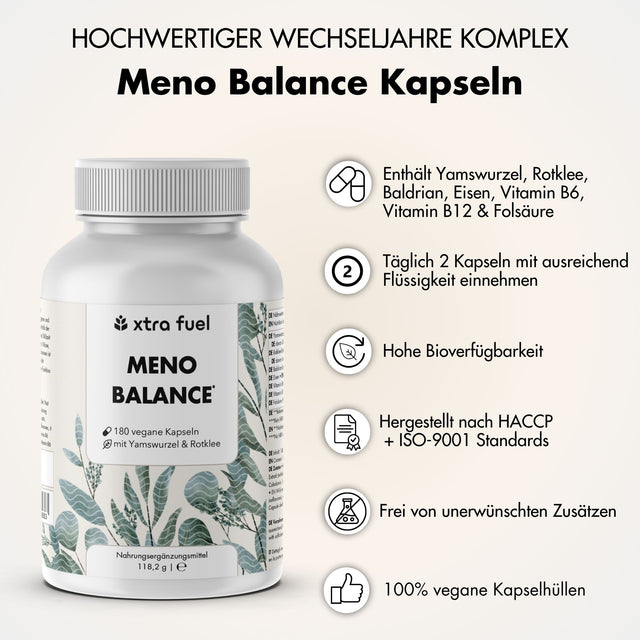 Wechseljahre Kapseln - Meno Balance - Natürliche Formel mit Yams, Rotklee, Baldrian & Eisen
