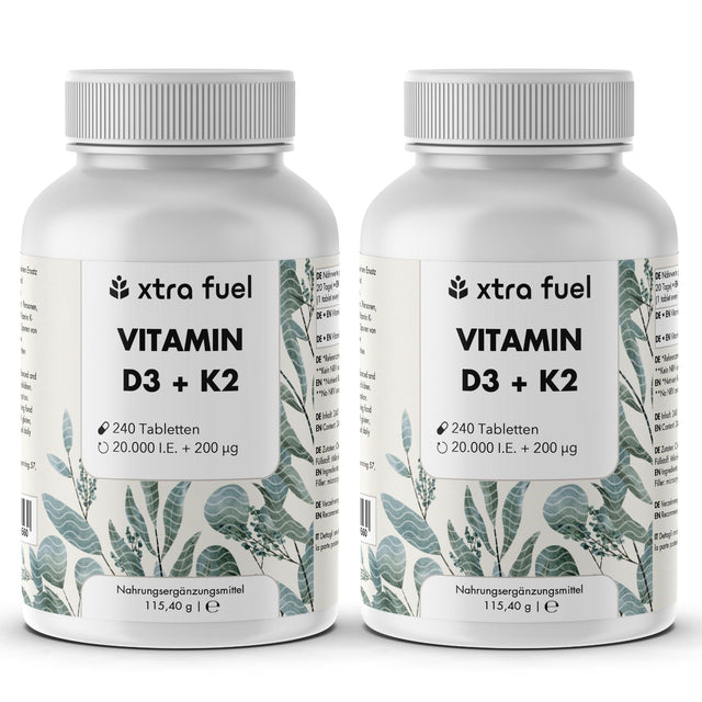 Vitamin D3 + K2 Tabletten - 20.000 I.E. + 200mcg - 100% rein & hochdosiert